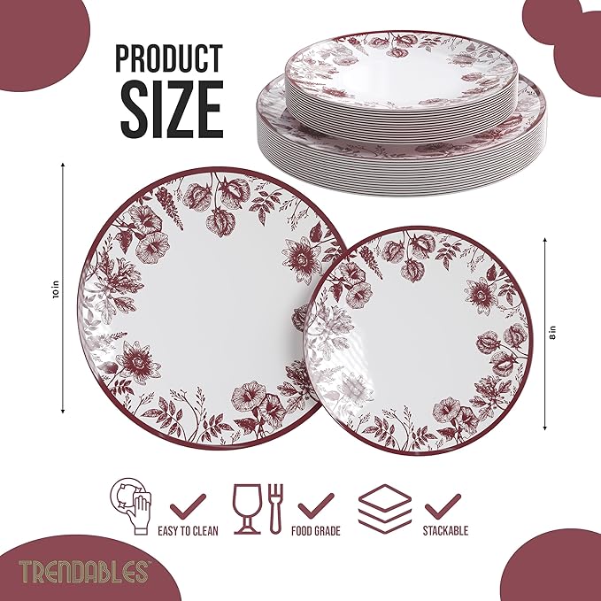 Trendables Plastic Plates For Party Supplies, Floral Disposable Plates For Party & Weddings 80 Pcs - 40 x 8 Dessert Plates & 40 x 10 Plastic Dinner Plates, Plate Set Disposable Dinnerware Sets
