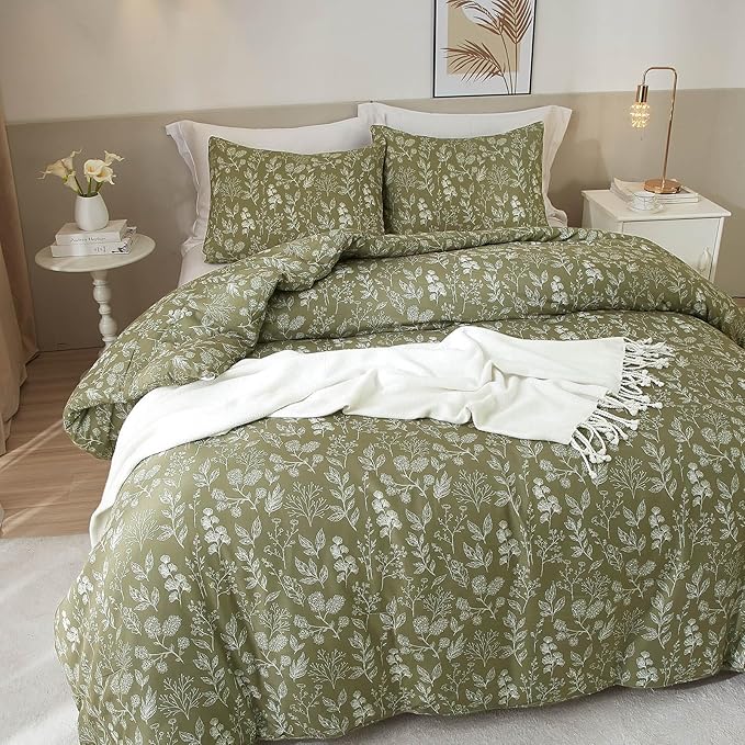 EAVD Vintage Style Garden Olive Green Floral Duvet Cover Queen Soft Cotton Chic Small Floral Bedding Set with 2 Pillowcases Reversible Fresh Botanical Duvet Cover with Zipper Closure