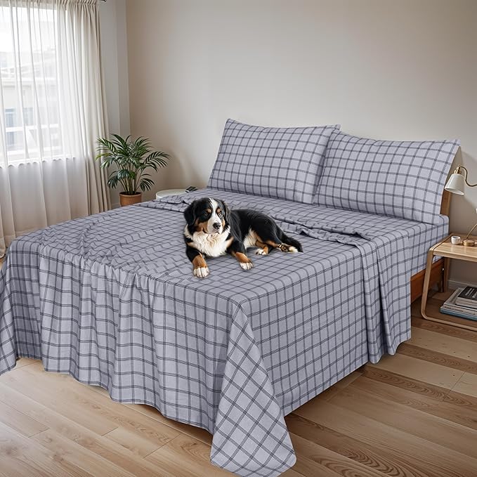 RUVANTI Flannel Sheets Queen Size - 100% Cotton Double Brushed Bed Sheets, Deep Pockets 16 Inches Queen Sheet Set, All Seasons Breathable & Extra Soft - Warm & Cozy, 4 Piece, Open Grid Check