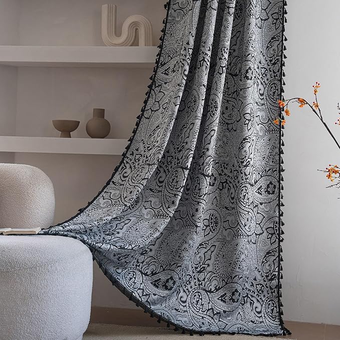 ENJOYBRIDAL Black Paisley 84 Inch Curtains for Bedroom Semi Sheer Drapes Light Filtering Living Room Rod Pocket Floor Length Window Curtains 2 Panel Sets Farmhouse Printed Jacquard Window Treatments