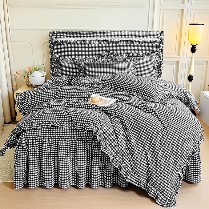 LifeTB Twin XL Comforter Set Black Gingham Comforter with 2 Pillowcases Vintage Ruffle Plaid Comforter Set Grid Bedding Checkered Pattern Comforter Fluffy Soft Plaid Gingham Bedding Set Twin XL