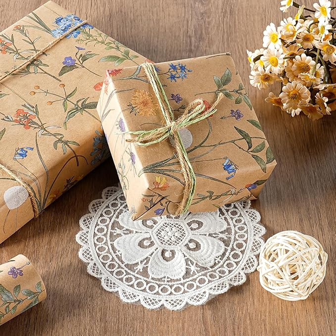 WRAPAHOLIC 30 Inch Kraft Floral Wrapping Paper Roll - 30 Inch x 33 Feet - Wildflower Wrapping Paper Perfect for Girls Women Birthday, Wedding, Bridal Shower