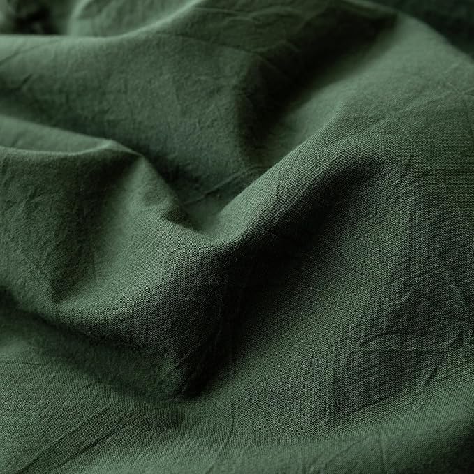 JIYUAN 100% Washed Cotton Duvet Cover Set 3 Pieces Queen, 1 Duvet Cover 90x90 Inches(Comforter Not Included) and 2 Pillowcases,Linen Feel Bedding Set Comfy and Breathable,Forest Green