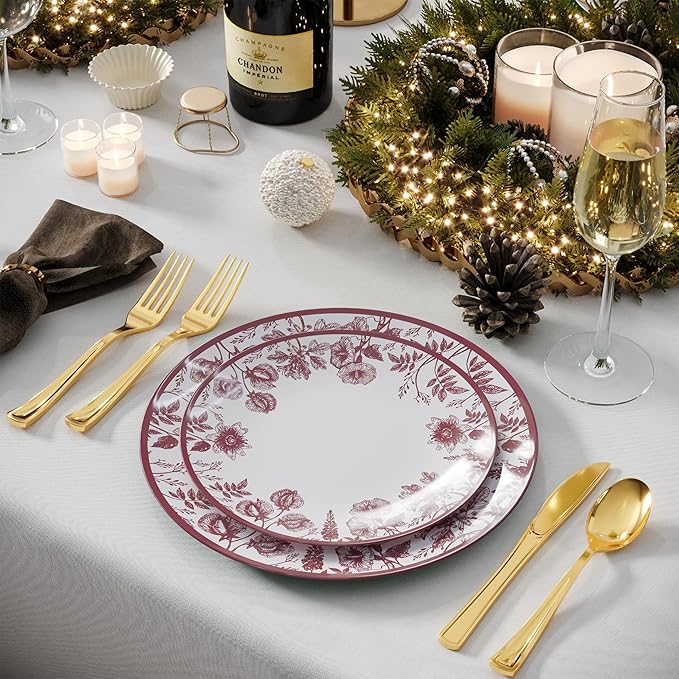 Trendables Plastic Plates For Party Supplies, Floral Disposable Plates For Party & Weddings 40 Pcs - 20 x 8 Dessert Plates & 20 x 10 Plastic Dinner Plates, Plate Set Disposable Dinnerware Sets