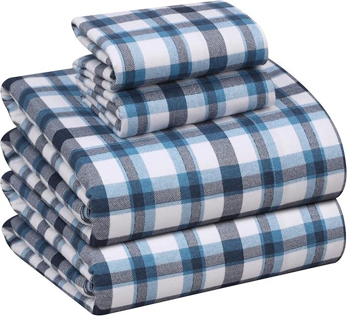 RUVANTI Flannel Sheets Queen Size - 100% Cotton Double Brushed Bed Sheets, Deep Pockets 16 Inches Queen Sheet Set, All Seasons Breathable & Extra Soft - Warm & Cozy, 4 Piece, Gingham Addition