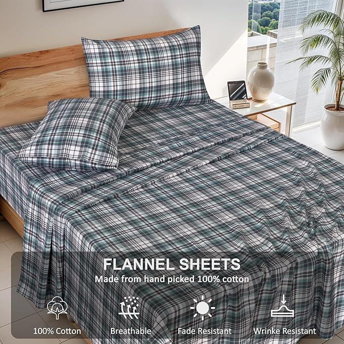 RUVANTI Flannel Sheets King Size - 100% Cotton Brushed King Size Sheets Set - Deep Pockets 16 Inches Bed Sheets - All Seasons Breathable & Extra Soft - Warm & Cozy, 4 Piece, Mint Grey