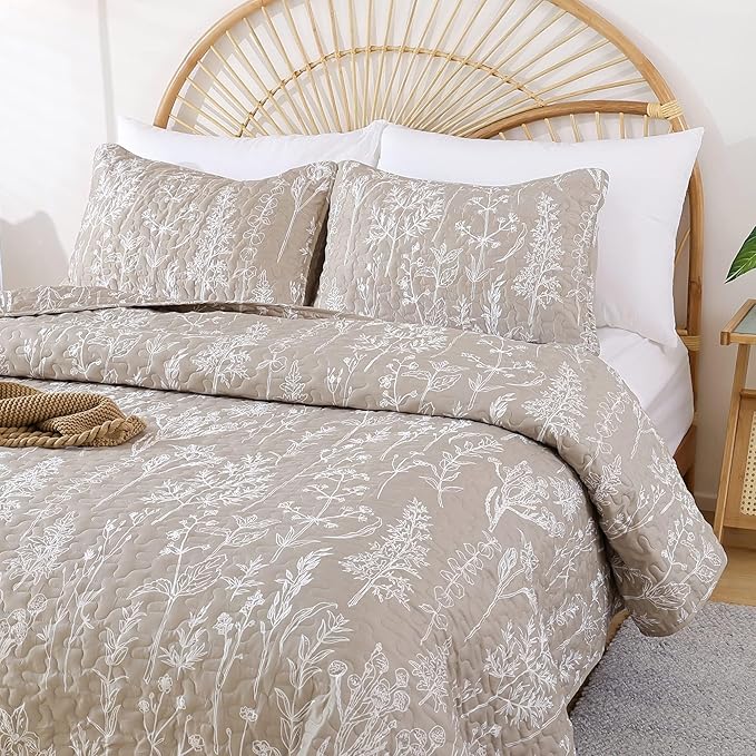 JANZAA Twin Quilt Oatmeal Quilt Bed Spread Boho Quilt with Floral Pattern Microfiber Quilts Set 2 Pieces Lightweight Comforter Reversible Bedding Set 1Quilt（66x90 inches）,1 Pillow Cases