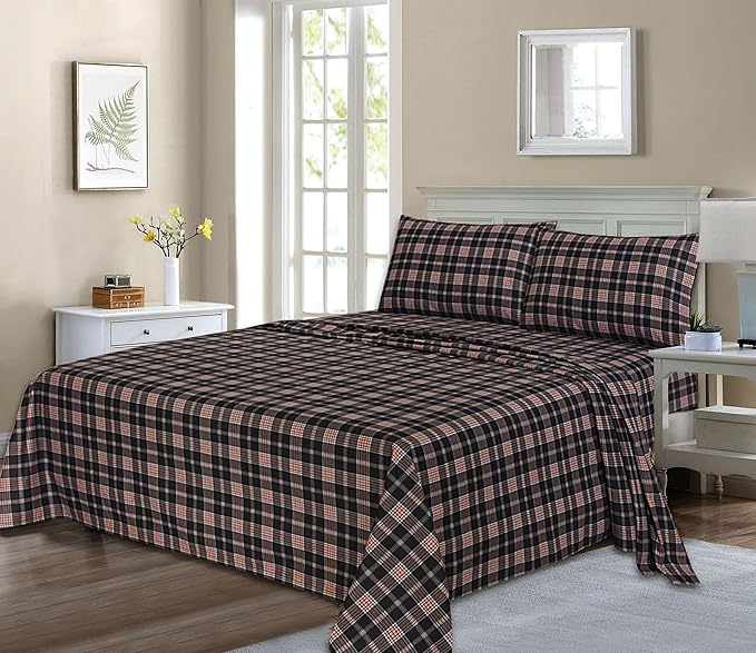 RUVANTI Flannel Sheets Twin Size - 100% Cotton Double Brushed Twin Sheets Set, Deep Pockets 16 Inches, All Seasons Breathable & Extra Soft Bed Sheets, Warm & Cozy, 3 Piece, Peach & Black Plaid