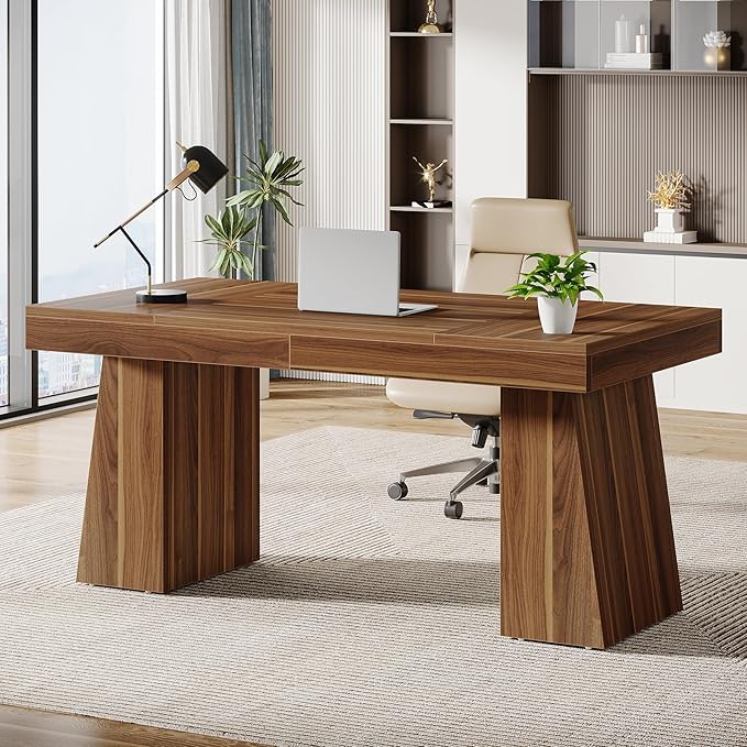 Tribesigns 55 Inches Executive Desk, Mid-Century Modern Home Office Desk with Double Trapezoid Base, Wood Computer Desk Business Workstation Desk Small Conference Table, Brown