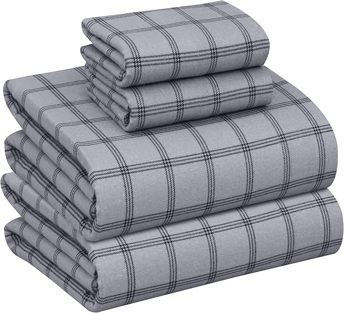 RUVANTI Flannel Sheets King Size - 100% Cotton Brushed King Size Sheets Set - Deep Pockets 16 Inches Bed Sheets - All Seasons Breathable & Extra Soft - Warm & Cozy, 4 Piece, Open Grid Check