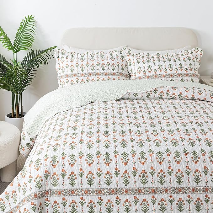 HoneiLife Queen Quilt Bedding Set - Wildflower Quilt Sets for Queen Bed,3-Piece Microfiber Bedspreads,Lightweight Coverlets Botanical Bed Cover,Floral Bedding Set All Season Quilts-Sweet Grass