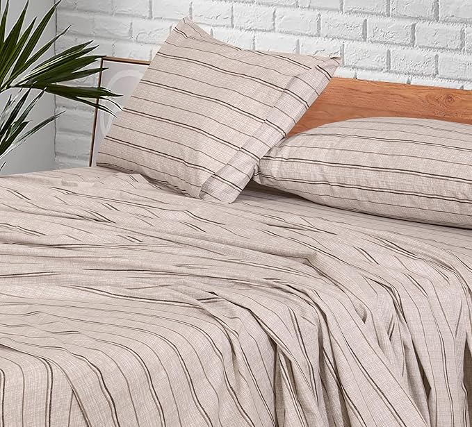 RUVANTI 100% Cotton Sheets Queen Size Set, 4 Pieces, Soft & Breathable Percale Weave Bedding, Deep Pocket 16", Hotel Standard, Crisp Cool Feeling, Durable, Perfect Striped Bed Sheet, Brown Stripes