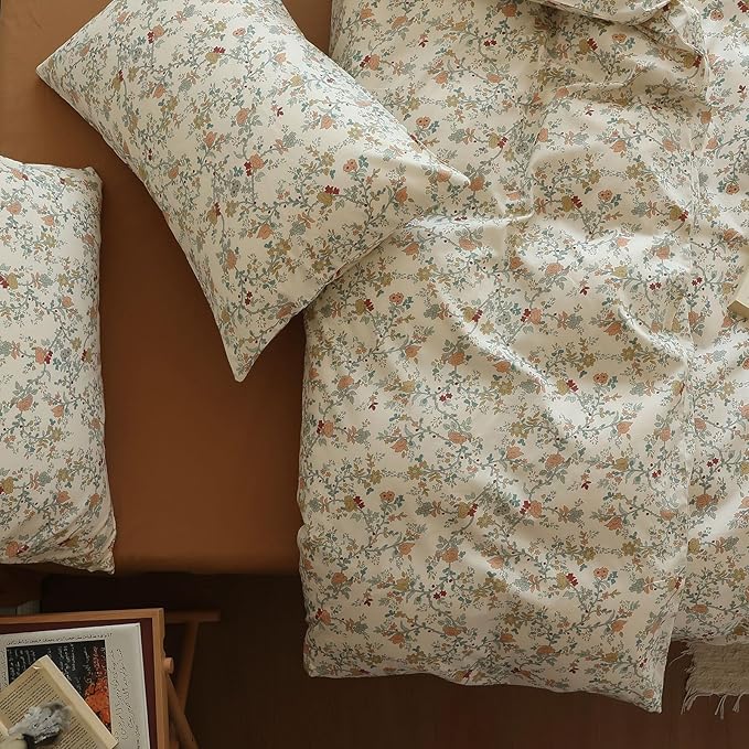 Vintage Style Botanical Floral Duvet Cover Full 3 Pieces Chic Floral Tree Branches Bedding Set Cotton Botanical Flower Duvet Cover with 2 Pillowcases Boho Floral Cottagecore Duvet Covet Full Size
