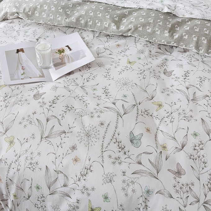 FADFAY Duvet Cover Set Colorful Butterfly Bedding Vintage Botanical Comforter Cover Set Shabby Branches Bedding 100% Cotton Soft Quilt Cover with Hidden Zipper Closure 3Pcs, King/California King Size