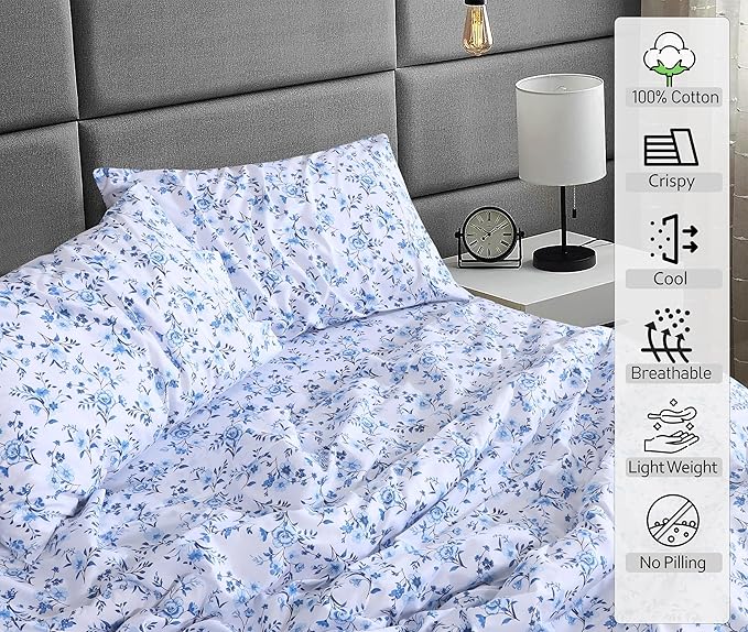 RUVANTI 100% Cotton Full Size Bed Sheets, 4 Pieces, Soft & Breathable Percale Weave Bedding, Deep Pocket 16", Hotel Standard, Crisp Cool Feel, Durable, Perfect Sheet Set Floral, Annual