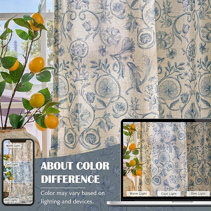jinchan Linen Floral Curtains for Living Room with Printed Flower 84 Inches Long Light Filtering Farmhouse Window Treatment Vintage Drapes Back Tab Rod Pocket 2 Panels Blue on Beige