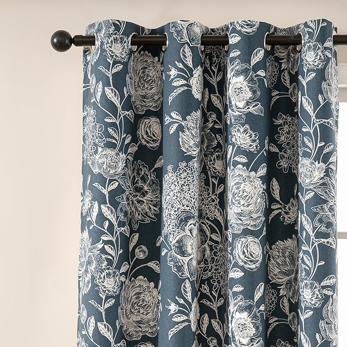 Cortina para Sala Blue Peony Blackout Curtains - Extra Long Floral Curtains, Vintage Blackout Curtains for Home Theater, Cotton Blend Printed Curtains, 52" W x 96" L