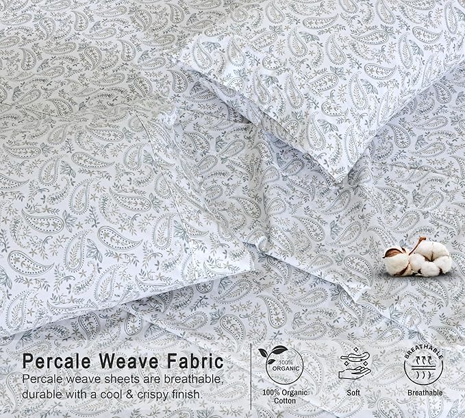 RUVANTI 100% Organic Cotton Sheets Queen Size, Percale Weave, GOTS Certified, 4-Piece Set, Deep Pocket 15", Crisp & Breathable, Soft Durable Bedding, Sábanas Algodón Orgánico – Ornate Oasis