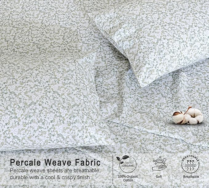RUVANTI 100% Organic Cotton Sheets Twin XL, Percale Weave, GOTS Certified, 3-Piece Set, Deep Pocket 15", Crisp & Breathable, Soft Durable Bedding, Sábanas Algodón Orgánico – Floral Rush