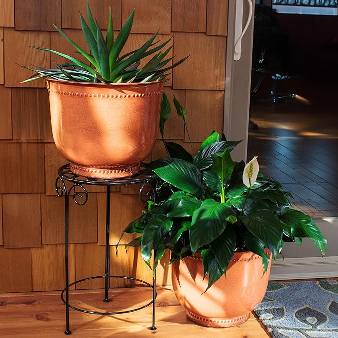 Sunnydaze Michael 14.5" Metal Outdoor Plant Pot Set with Drainage Holes and Rubber Plugs - Chestnut Glaze - Set of 2