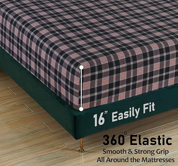RUVANTI Flannel Sheets Queen Size - 100% Cotton Double Brushed Bed Sheets, Deep Pockets 16 Inches Queen Sheet Set, All Seasons Breathable & Extra Soft - Warm & Cozy, 4 Piece, Peach & Black Plaid