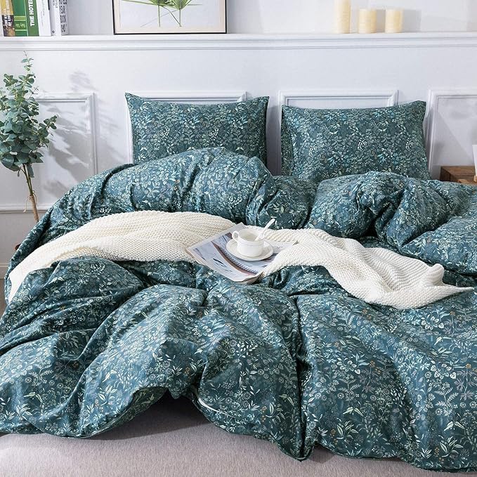EAVD Garden Style Floral Duvet Cover Twin Soft 100% Cotton Blue Floral Bedding Set with 2 Pillowcases Chic Shabby Botanical Comforter Set for Girls with Zipper Closure(Twin, Blue)