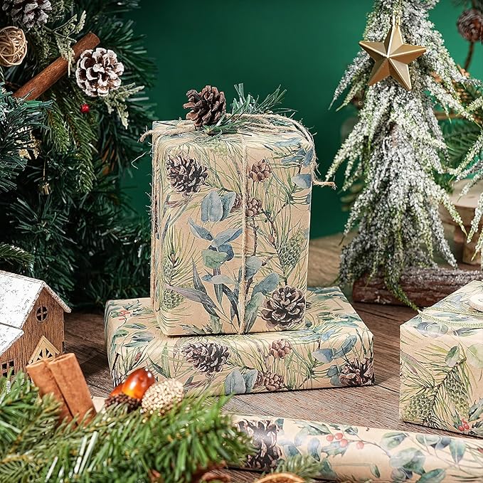 RUSPEPA Kraft Christmas Wrapping Paper Roll, Mini Roll, Watercolor Pinecone and Eucalyptus Leaf Design, Kraft Gift Wrap for Christmas, Winter Holiday Party, Rustic Natural Theme, 17 Inches x 16.4 Feet