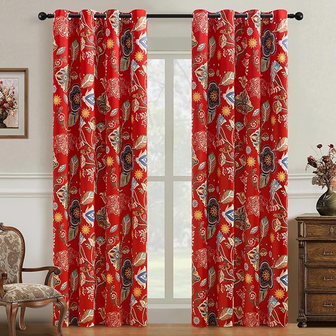 XiDi Red Floral Curtains 102 Inches Long 2 Panels 100% Blackout Vintage Botanical Leaf Patterned Curtains for Living Room Bedroom Thermal Insulated Room Darkening Luxury Colorful Drapes Grommet 52x102
