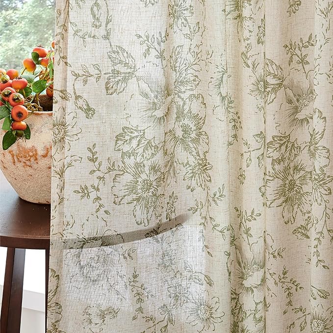 jinachan Linen Blend Floral Curtains for Living Room 96 Inch Length Christmas Sage Green Printed Curtain Back Tab Farmhouse Peony Flower Patterned Drapes Bedroom Window Curtains Set 2 Panels