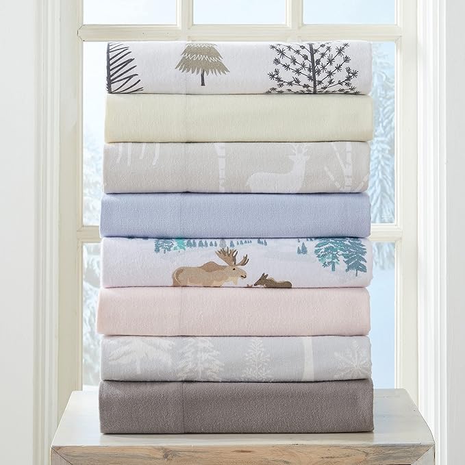 Market & Place 100% Turkish Cotton Flannel Sheet Set | 4 Piece Deep Pocket Solid Cozy Winter Bed Sheets | Double Brushed for Extra Softness & Comfort | Chalet Collection (Queen, Light Blue)
