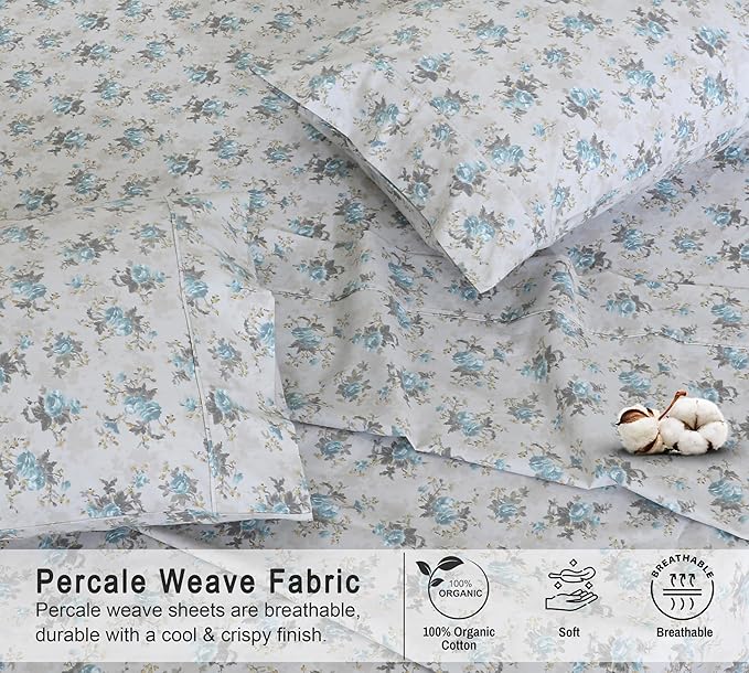 RUVANTI 100% Organic Cotton Sheets Full Size, Percale Weave, GOTS Certified, 4-Piece Set, Deep Pocket 15", Crisp & Breathable, Soft Durable Bedding, Sábanas Algodón Orgánico – Blue Rose
