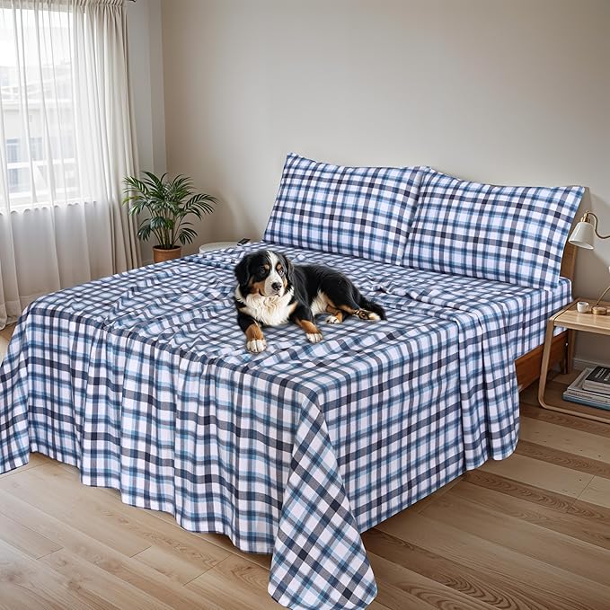 RUVANTI Flannel Sheets Full Size - 100% Cotton Double Brushed Bed Sheets Set, Deep Pockets 16 Inches, All Seasons Breathable & Extra Soft Full Sheets, Warm & Cozy, 4 Piece, Gingham Addition