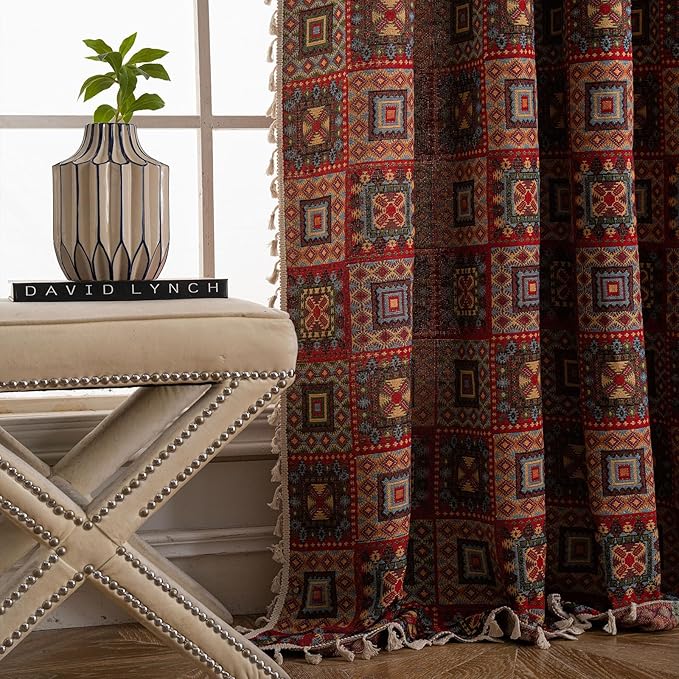 ENJOYBRIDAL Patchwork 63 Inch Curtains for Living Room Boho Drapes Bedroom Jacquard Bohemian Short Window Curtains 2 Panel Sets Semi Sheer Rod Pocket Red Cute Geometric Patterned Window Treatments