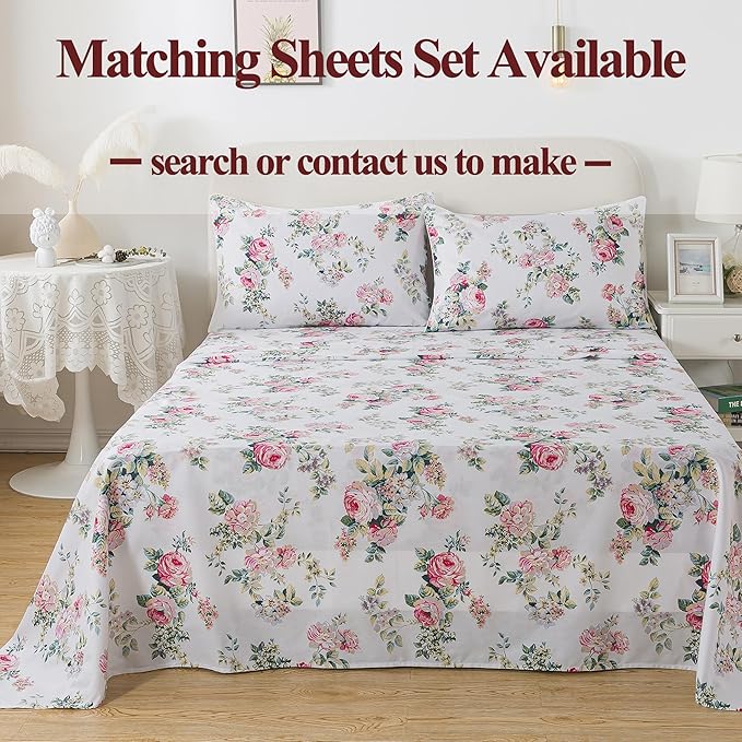FADFAY Duvet Cover Set Pink Rose Floral Bedding Shabby Peony Flower Quilt Cover Set Vintage Farmhouse Bedding 100% Cotton Soft Comforter Cover Set with Zipper Closure 3Pcs, King/California King Size