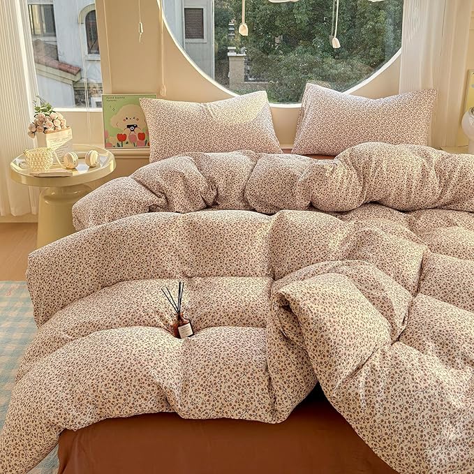 LifeTB Muslin Cotton Duvet Cover Set Full Size Vintage Floral Duvet Cover Ultra Soft Breathable Comforter Cover Chic Flower Bedding Set Linen Feel Textured Gauze Comforter Cover with Zipper Closure