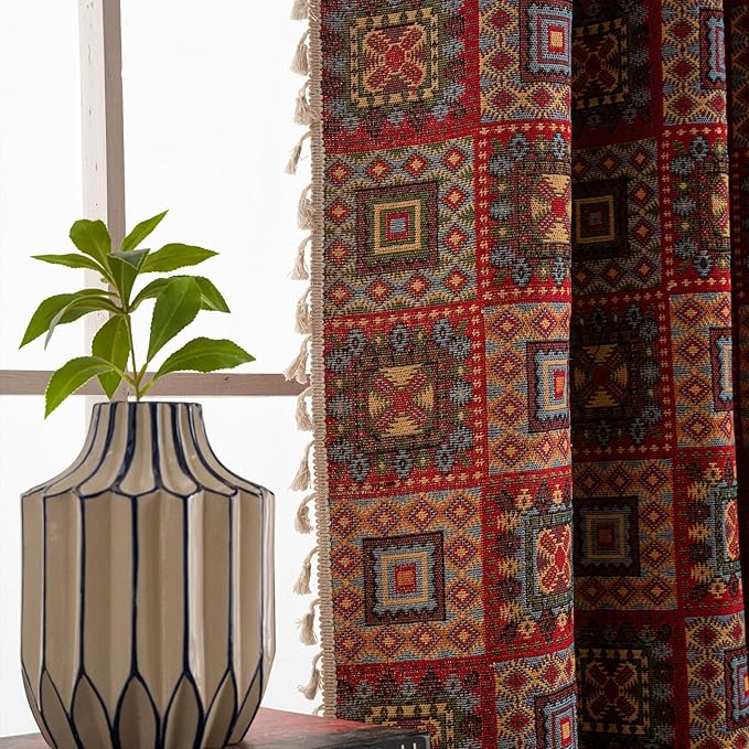 ENJOYBRIDAL Patchwork 84 Inch Curtains for Living Room Boho Drapes Bedroom Jacquard Bohemian Floor Length Window Curtains 2 Panels Semi Sheer Rod Pocket Red Cute Geometric Patterned Window Treatments