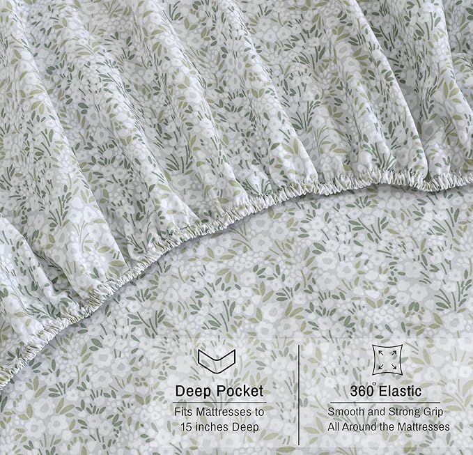 RUVANTI 100% Organic Cotton Sheets Twin Size, Percale Weave, GOTS Certified, 3-Piece Set, Deep Pocket 15", Crisp & Breathable, Soft Durable Bedding, Sábanas Algodón Orgánico – Floral Rush