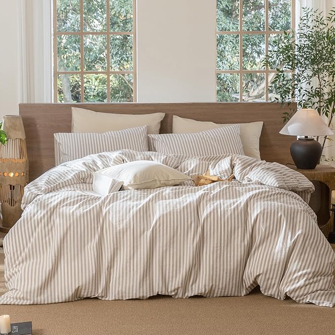 MooMee Striped Duvet Cover Set 100% Washed Cotton Linen Like Textured Breathable Durable Soft Comfy (Tannish Linen Grey White Classic Stripes, Alaska King 132"x120")