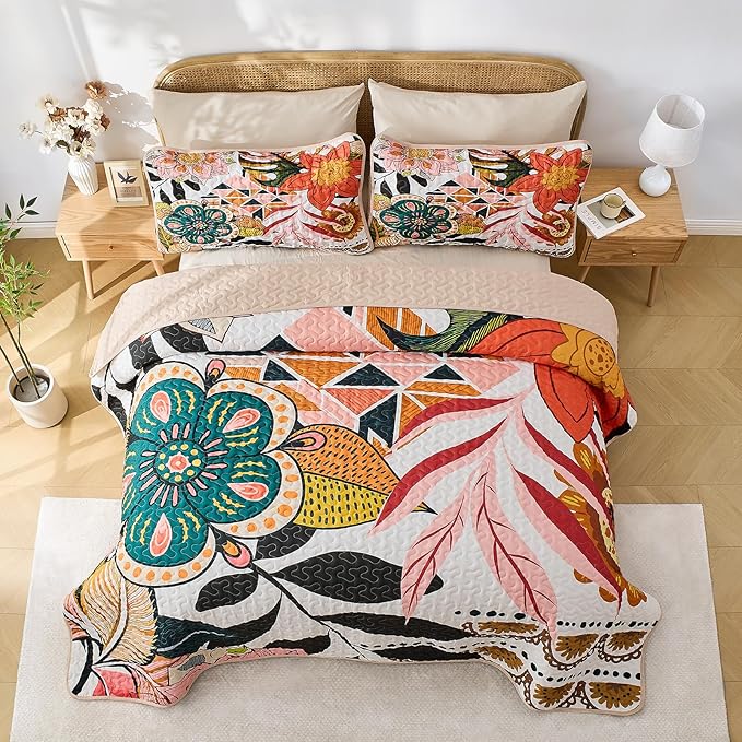 Quilt Set King Size, Boho Floral 3 Pcs Soft Bed Cover Bedding Set, Mid Century Flowers Lightweight Bedspread Coverlet with 2 Pillow Sham for All Season