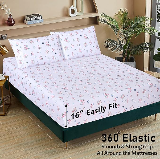RUVANTI 100% Cotton Sheets Queen Size Set, 4 Pieces, Soft & Breathable Percale Weave Bedding, Deep Pocket 16", Hotel Standard, Crisp Cool Feeling, Durable, Perfect Floral Bed Sheet, Funa Flora