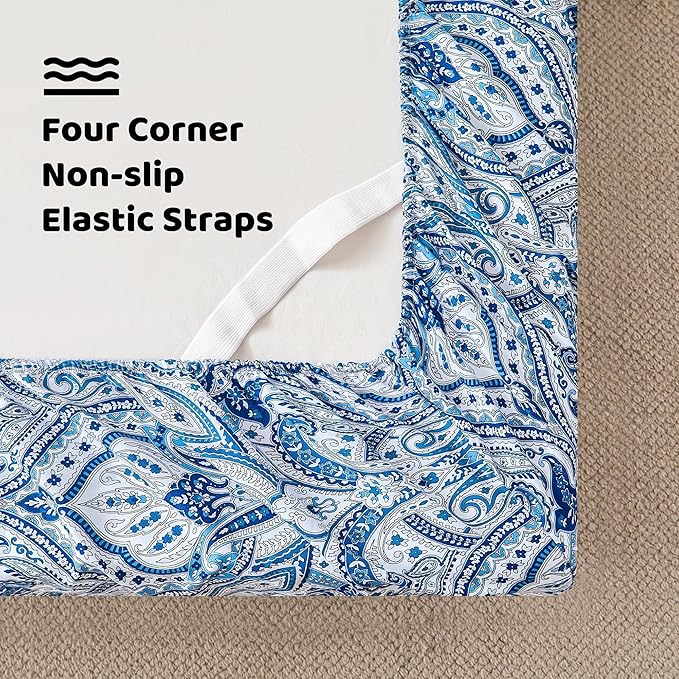 Softan Blue Paisley Printed Bed Sheets Full Size, Floral Sheet Set Full, Brushed Microfiber Patterned Fitted Sheet with 15" Deep Pocket & Non-Slip Straps, Blue Flower Sheets & Pillowcase Set