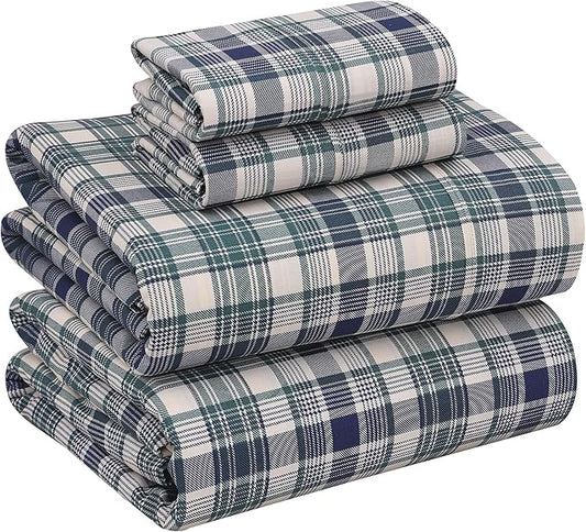 RUVANTI 100% Cotton California King Sheet Sets, 4 Pieces, Soft & Breathable Percale Weave Bedding, Deep Pocket 14", Hotel Standard, Crisp Cool Feel & Durable, Perfect Sheets, Greenish Blue Plaid