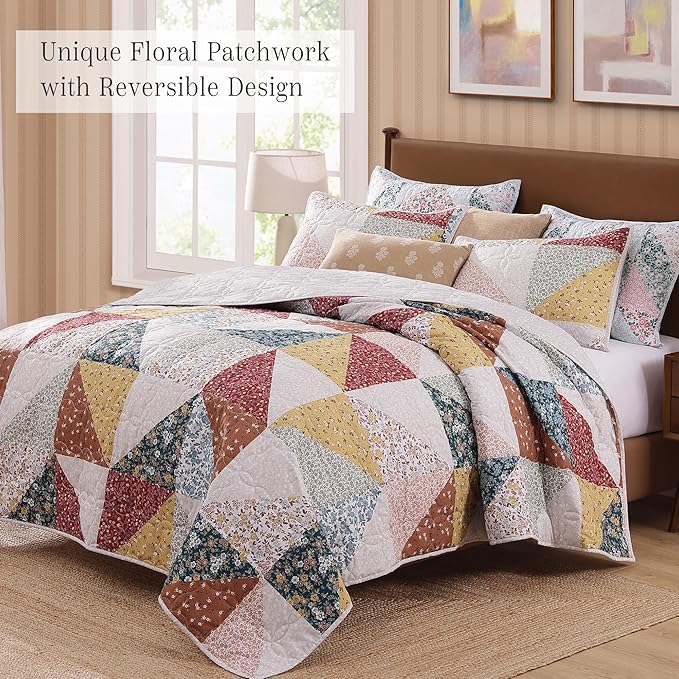 Quilt Set King Size, Patchwork Burnt Orange Floral Quilt Sets, Reversible Bedspread Lightweight and Breathable for All Seasons, Soft Quilted Bedspread with 2 Pillow Shams