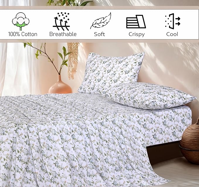 RUVANTI 100% Cotton Split King Sheets Sets for Adjustable Bed, 5 PCs, Soft & Breathable Percale Weave Bedding, Deep Pocket 16", Hotel Standard, Crisp Cool Feel & Durable, Floral Sheet, Heritage