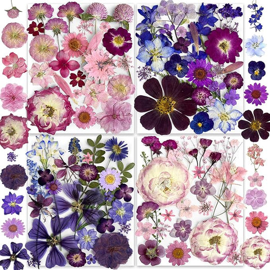 148PCS Purple Hot Pink Dried Pressed Flowers with Butterfly Stickers - YouthBro Real Nature Flowers Set for Resin DIY Jewelry Making Nail Card Scrapbook Art Craft Floral Decors