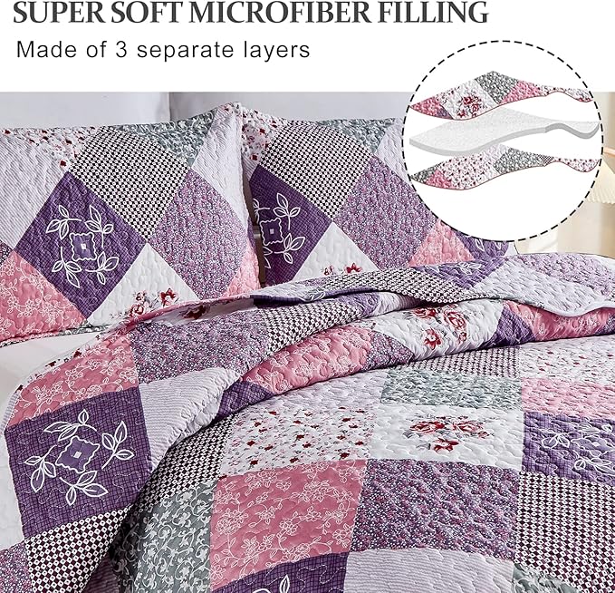 Dinjoy Purple Quilt Set California King Size, Reversible Floral Plaid Patchwork Pattern Bedding Set Soft Microfiber Lightweight Bedspread 3 Piece Summer Fall Use(106x96 inches, Cal King)