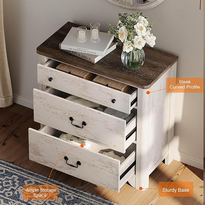 WAMPAT 3 Drawer Dresser for Bedroom, 31.5" White Dresser with Wide Chest of Drawers, Kids Dressers for Nursery,Bedroom, Living Room, Closet