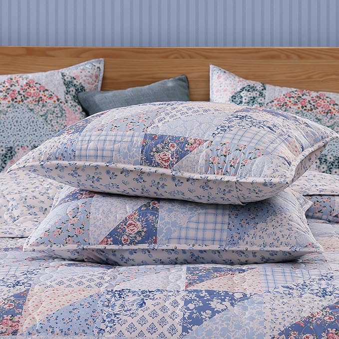 Quilt Set King Size, Patchwork Blue Pink Marigold Floral Quilt Sets, Reversible Bedspread Lightweight and Breathable for All Seasons, Soft Quilted Bedspread with 2 Pillow Shams