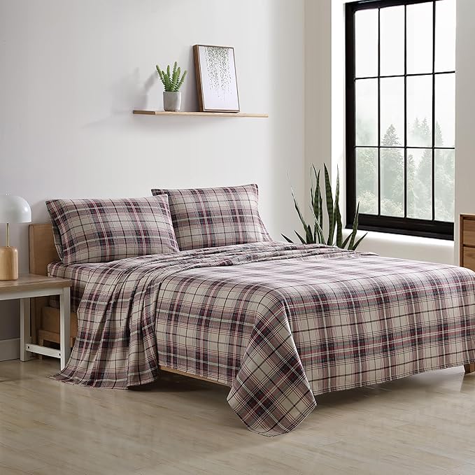 Eddie Bauer - Flannel Sheets Full Size, Anti-Pilling & Wrinkle Resistant Cotton, Touchably Soft for All-Season Comfort - Bed Sheets with Matching Pillowcases & Fitted Sheet (Montlake Plaid Red)