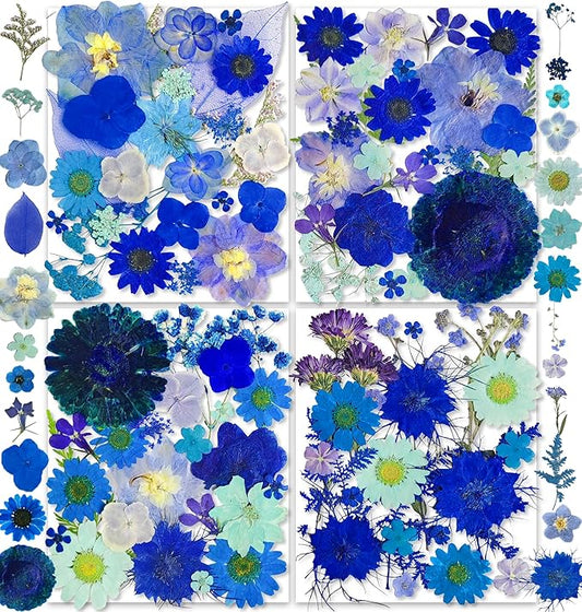 150PCS Blue Dried Pressed Flowers with Butterfly Stickers - YouthBro Real Nature Flowers Herb Set for Resin DIY Jewelry Candle Soap Vase Making Nail Card Scrapbook Art Craft Floral Decors